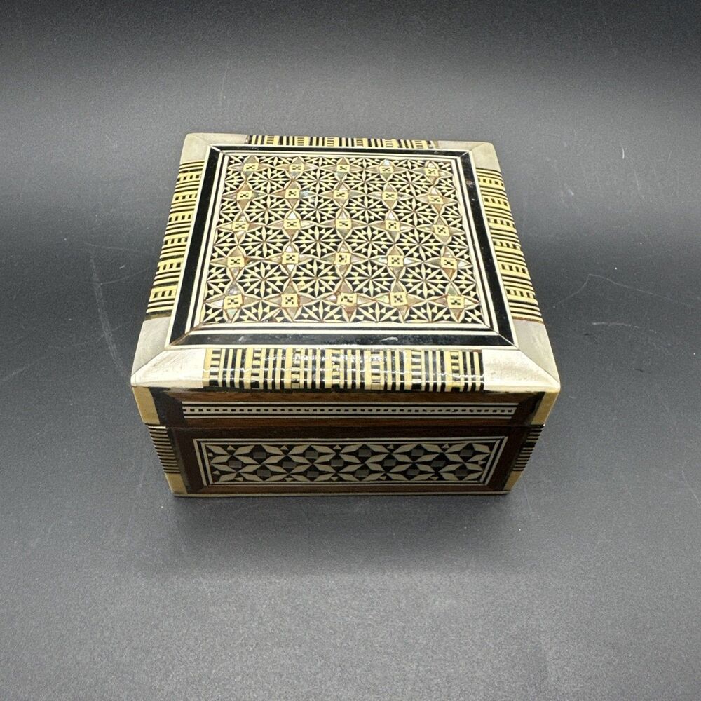 Wooden MOP Inlaid Trinket Box With Lining 3.5x3.5 In Square Hand Made From Spain